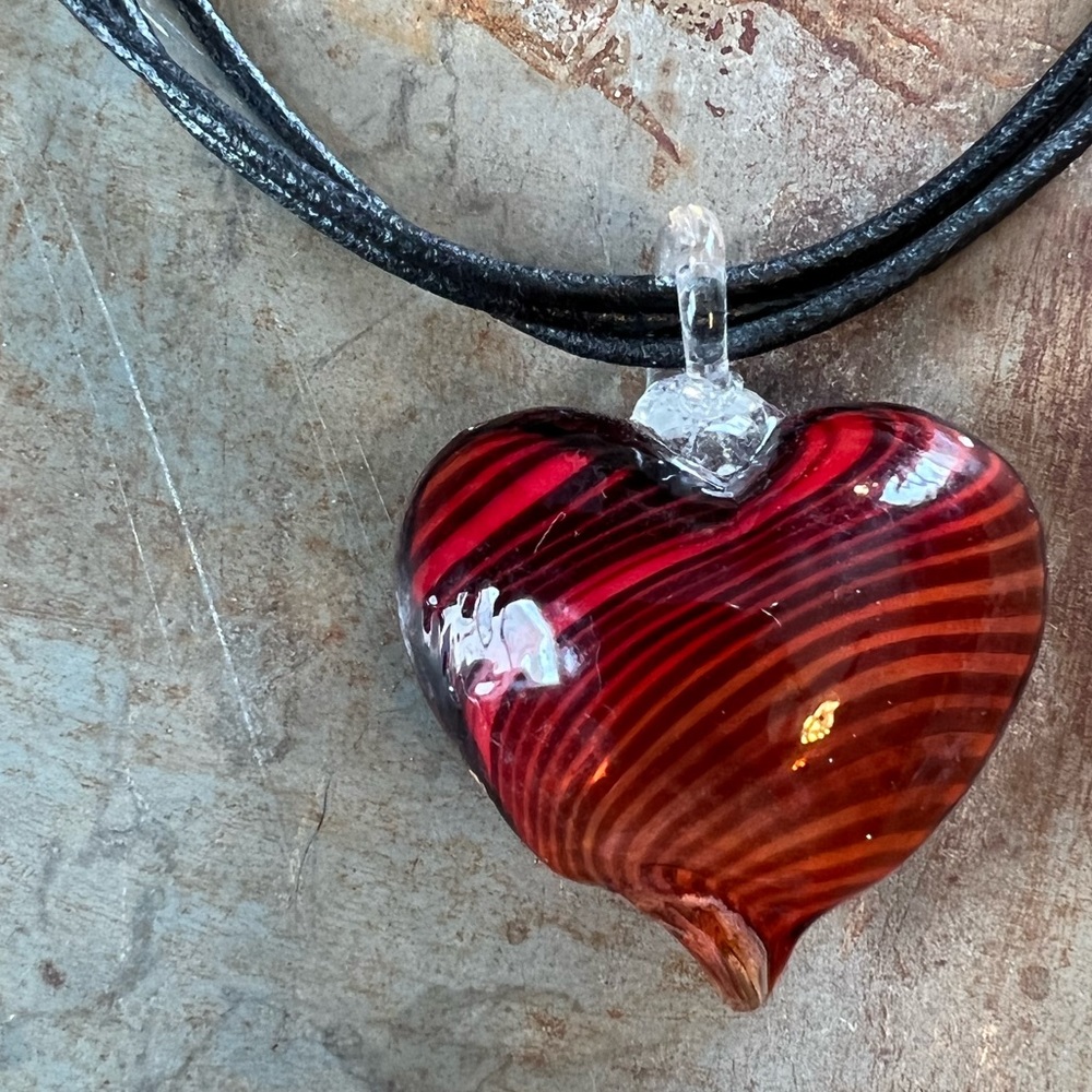 Shades of Red Venetian Glass Heart Necklace on Triple Black Leather Cord